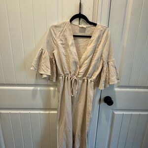 Beige Linen-Blend Wrap Dress with Ruffled Sleeves // VICI Nashville boutique